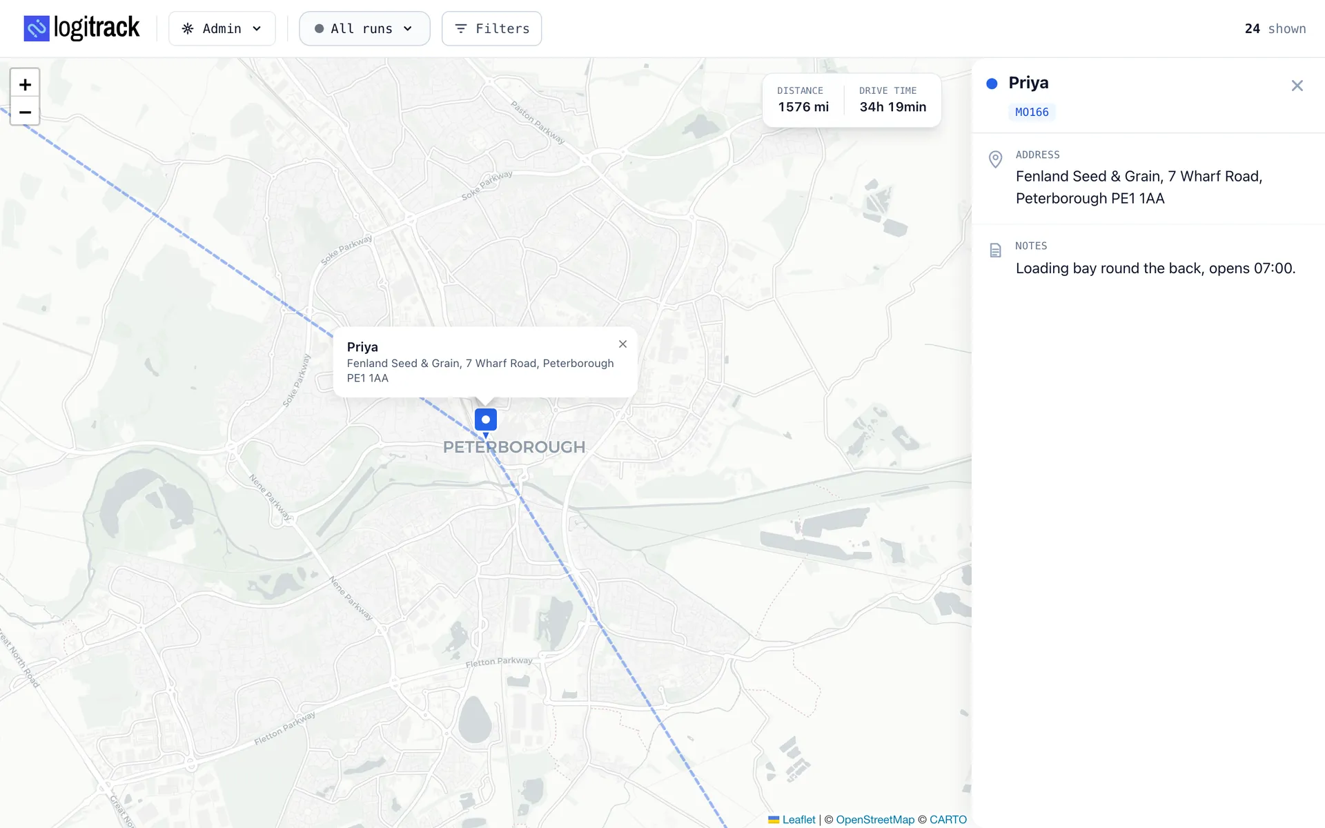 A location detail panel beside the map, showing the advisor, delivery instructions and access notes for one stop