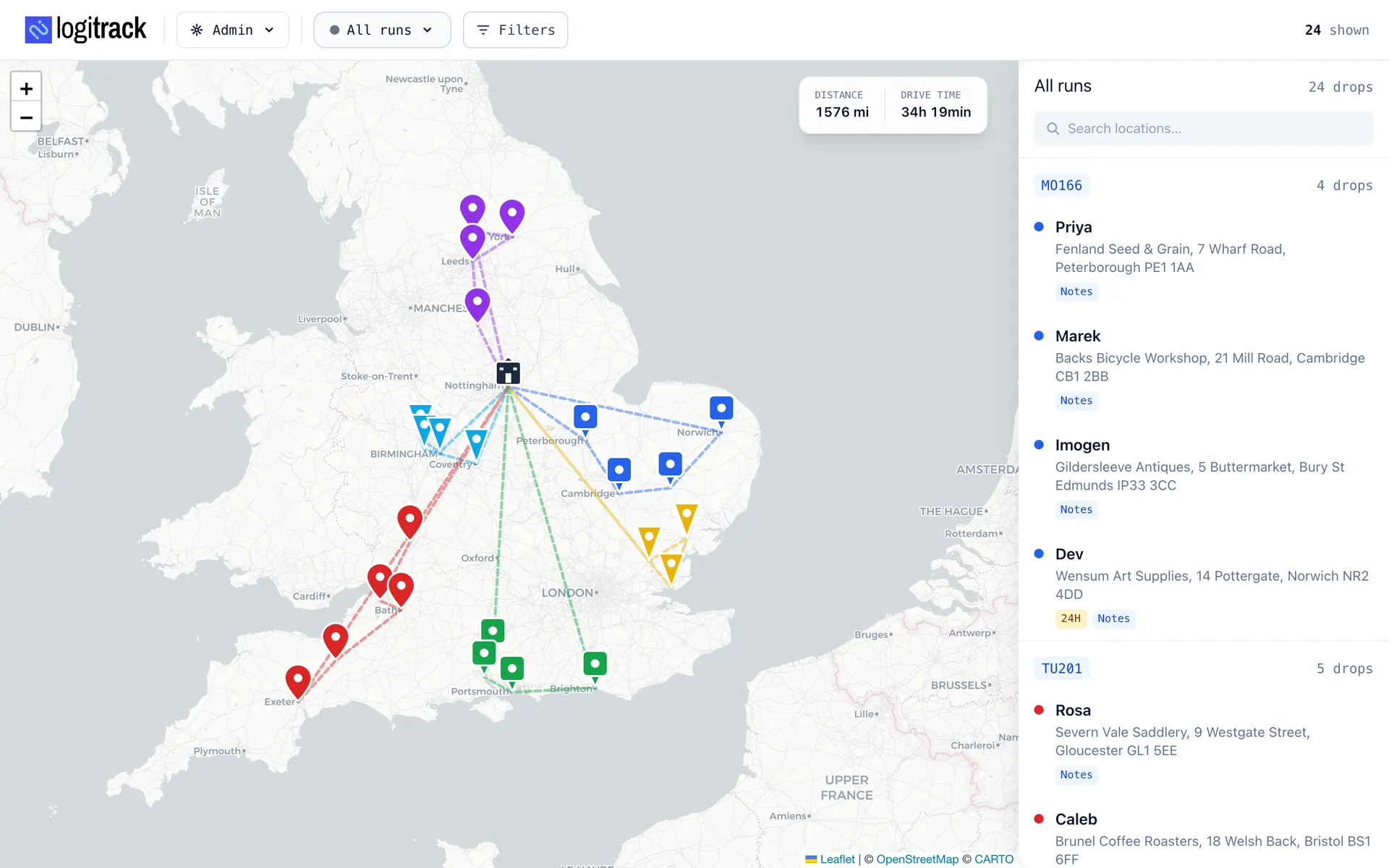 The Logitrack map showing six colour-coded runs radiating from the Nottingham depot to the South Coast, the South West, the Midlands, the North, East Anglia and Essex